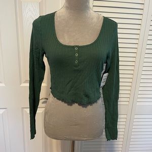 Green Ribbed Long Sleeve Crop Top